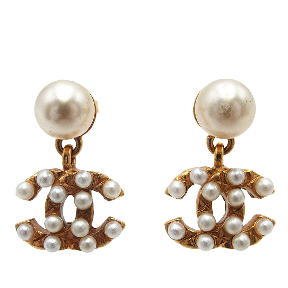 Pre-Loved Chanel CC Gold Plated Faux Pearl Drop Push Back Earrings